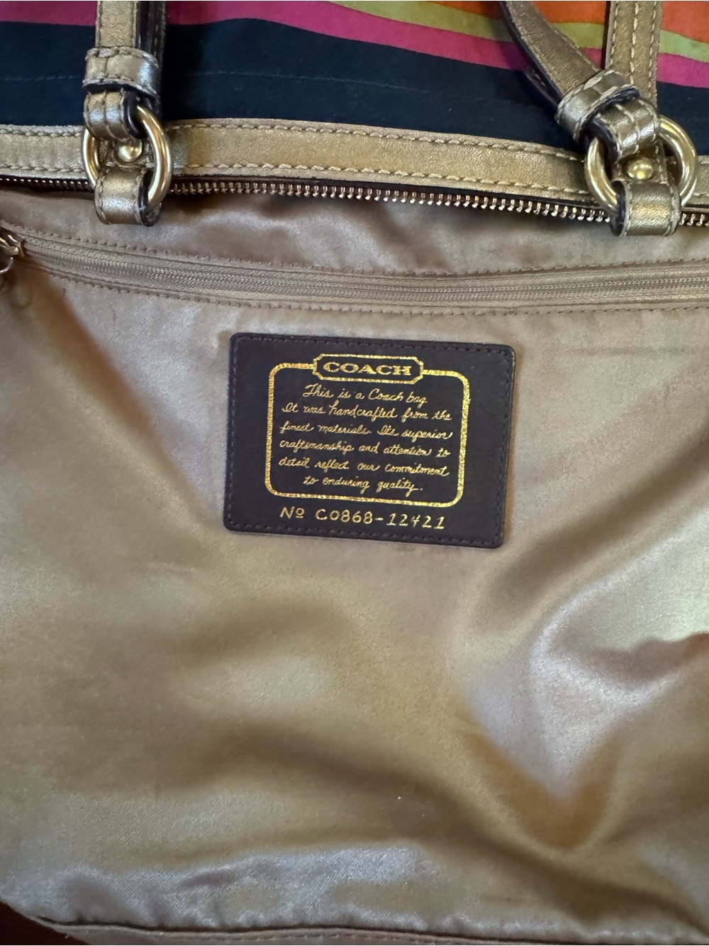 Coach Legacy Stripe Tote C0868-12421 Multicolor Sateen Gold Leather Trim - Picture 13 of 16